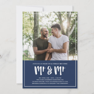 Preppy Navy Blue Mr & Mr. Brush Script Wedding Einladung