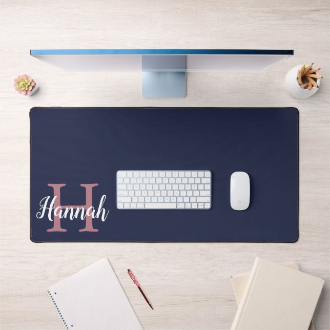Preppy Navy Blue Rose Nom initial du monogramme (Bureau 1)