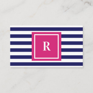 Preppy Navy Blue Strips und Hot Pink Monogramm Visitenkarte