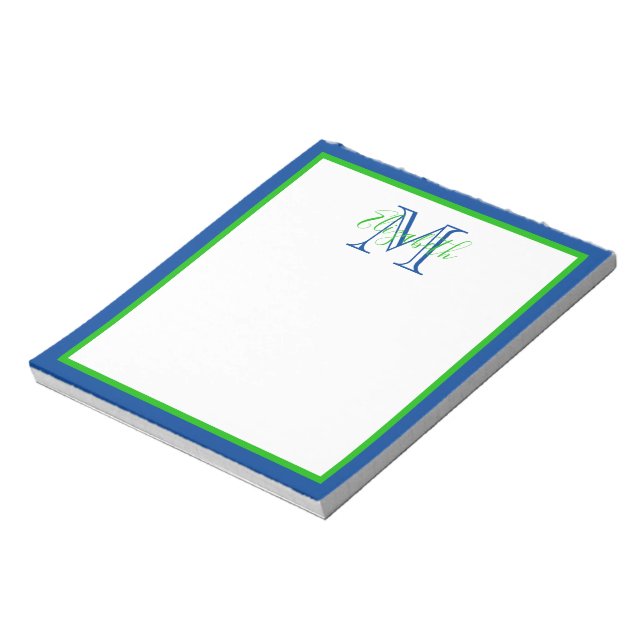 Preppy Navy Blue und Green Monogram Notizblock (Rotiert)