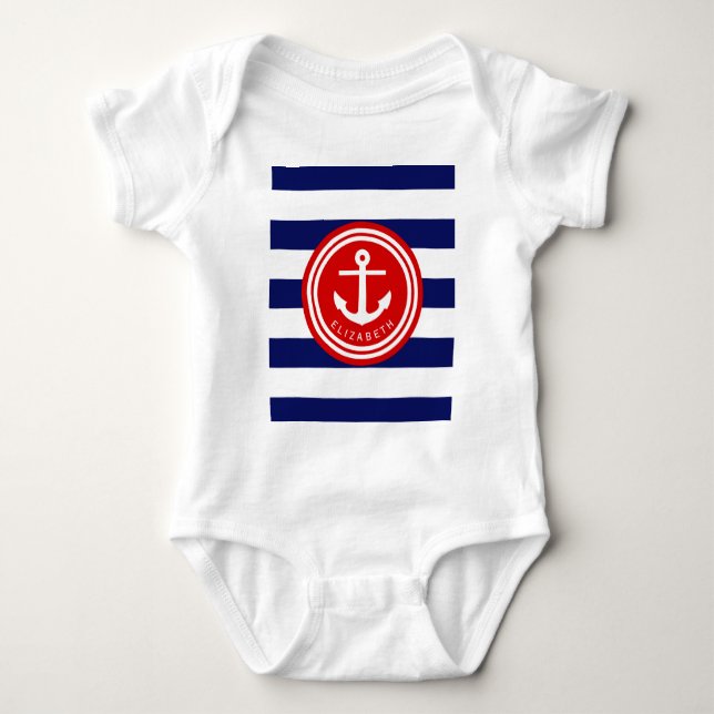 Preppy Navy Nautical Strip Anchor Monogram auf Red Baby Strampler (Vorderseite)