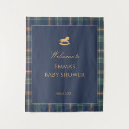 Preppy Navy Plaid Baby Shower with Rocking horse Wandteppich
