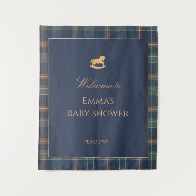 Preppy Navy Plaid Baby Shower with Rocking horse Wandteppich (Vorderseite)