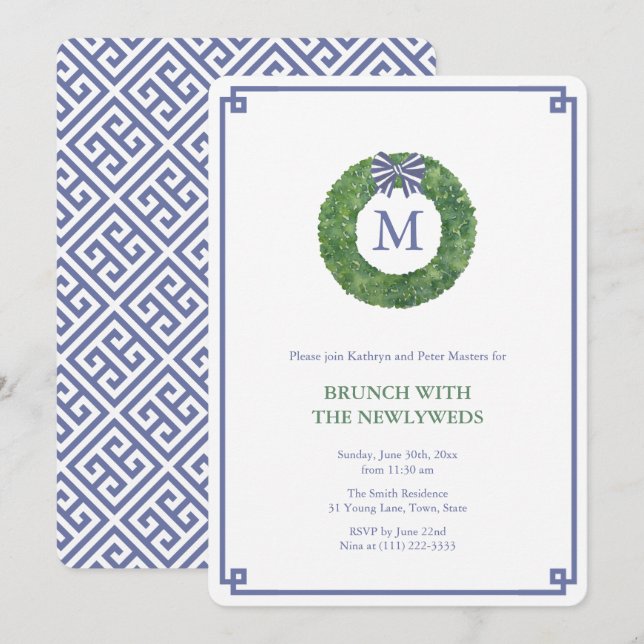 Preppy Navy und Green Newlywings Brunch Party Einladung (Vorne/Hinten)