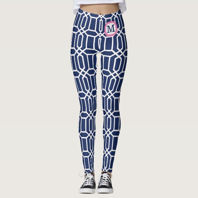 Preppy Navy White Octagon Geometric Monogram Leggings (Vorderseite)