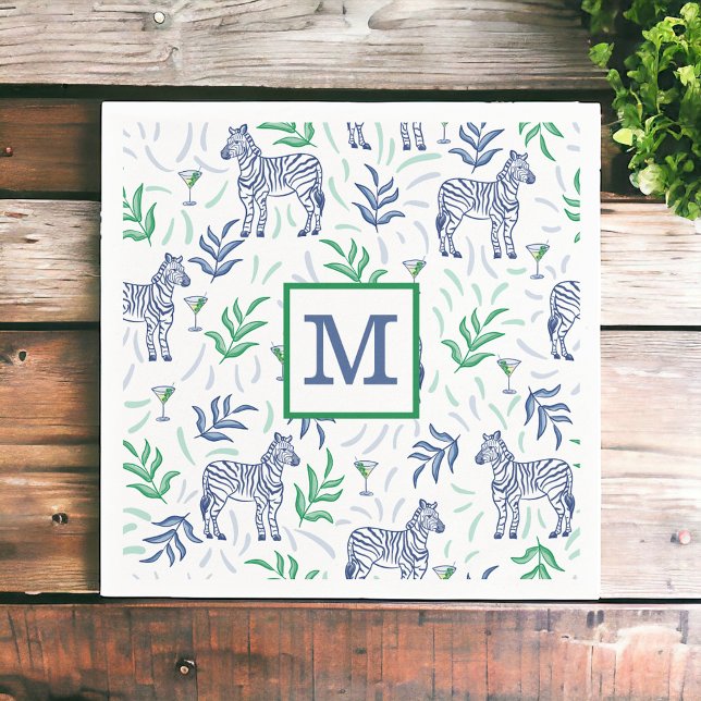 Preppy Navy Zebra Martinis White Monogram Serviette (Von Creator hochgeladen)