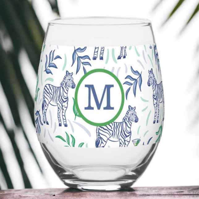 Preppy Navy Zebra Martinis White Monogram Weinglas Ohne Stiel (Von Creator hochgeladen)