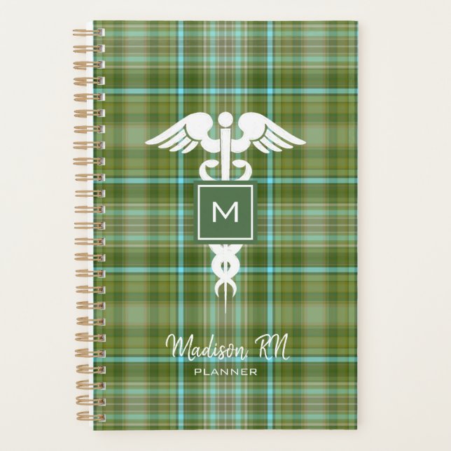 Preppy Nurse Medical Green Kariert Personalisiert Planer (Vorderseite)