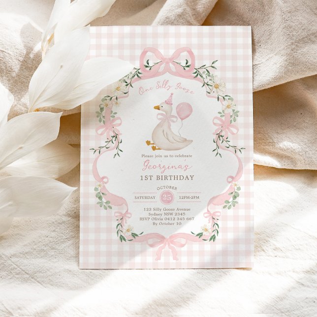 Preppy One Albern Goose Pink Bow Girl 1. Geburtsta Einladung (Von Creator hochgeladen)
