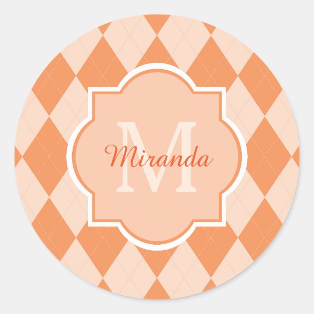 Preppy Orange Raute Girl Monogram und Name Runder Aufkleber (Vorderseite)