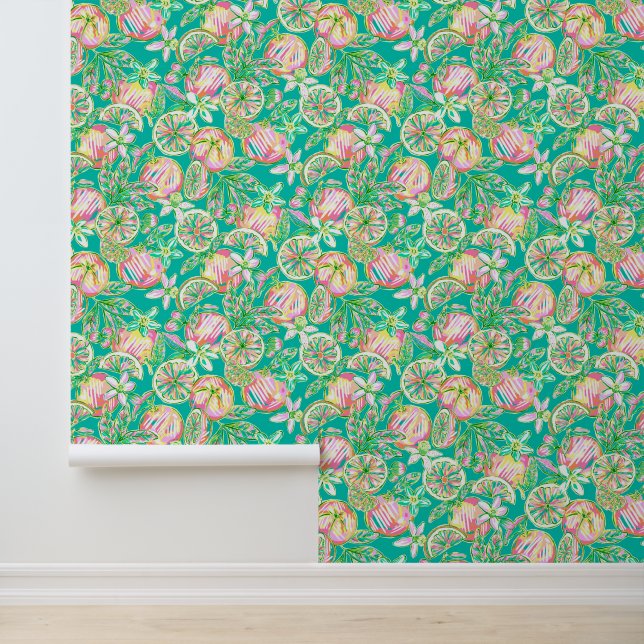 Preppy Palm Beach Aquamarin und rosa Orangen Tapete (Anwendung)