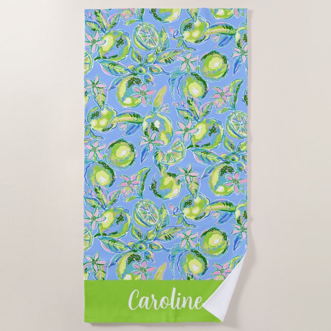 Preppy Palm Beach Blue mit Limes Personalisiert Strandtuch (Vorderseite)