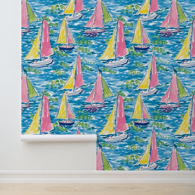 Preppy Palm Beach farbenfrohe Segelboote Tapete (Anwendung)