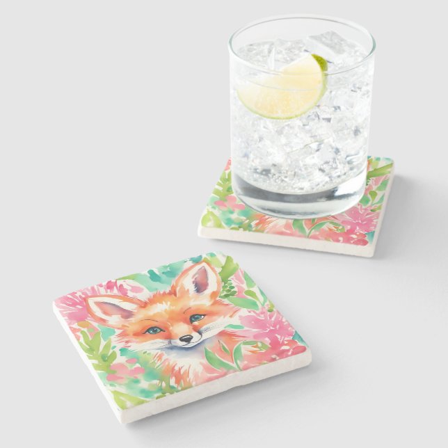Preppy Palm Beach Fox in Blume Steinuntersetzer (Seitenansicht)