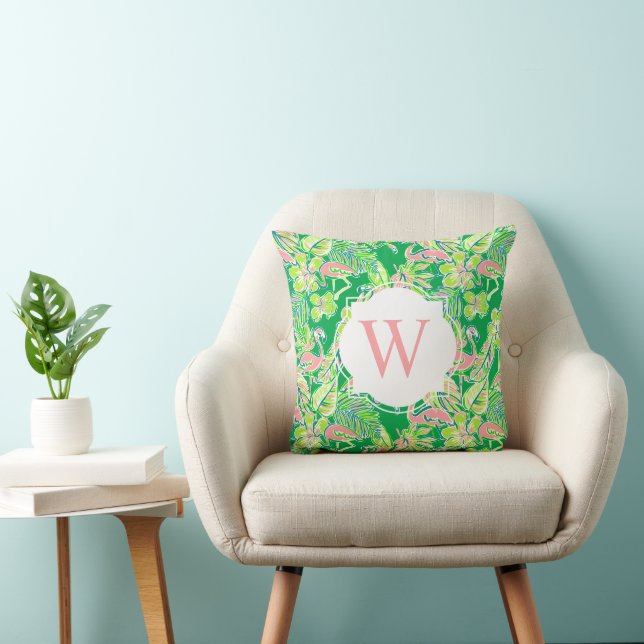 Preppy Palm Beach Green Pink Flamingos Monogram Kissen (Stuhl )