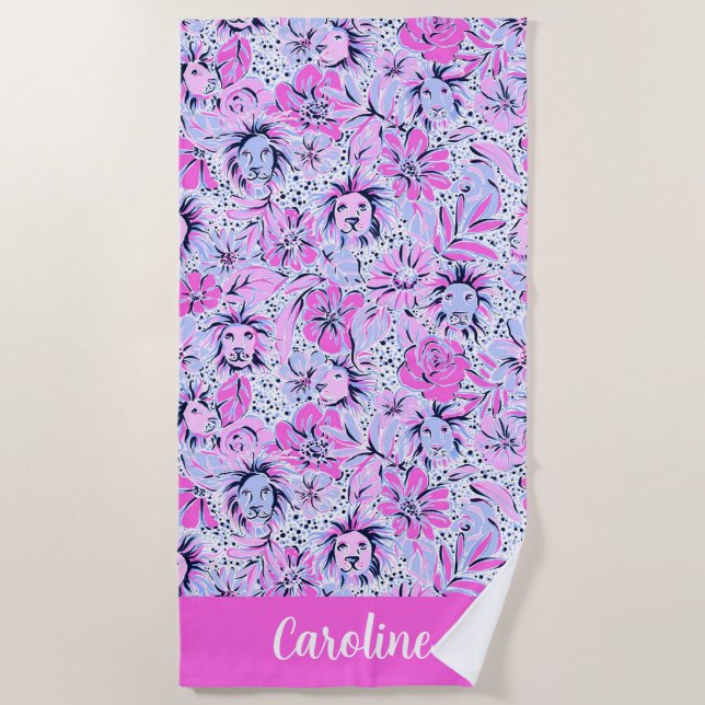 Preppy Palm Beach Lavender Lions Personalisiert Strandtuch (Vorderseite)