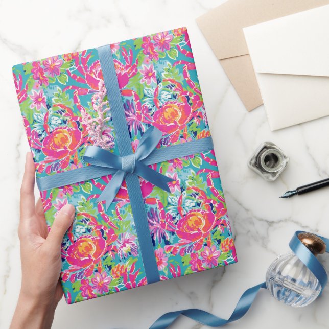 Preppy Palm Beach Ocean Floral Crabs Muster Geschenkpapier (Schenken)