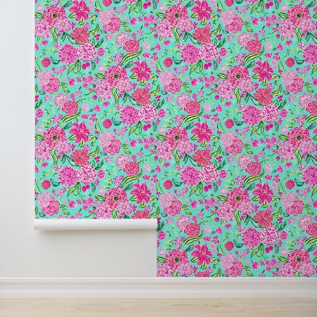Preppy Palm Beach Pink & Aqua Blume Tapete (Anwendung)