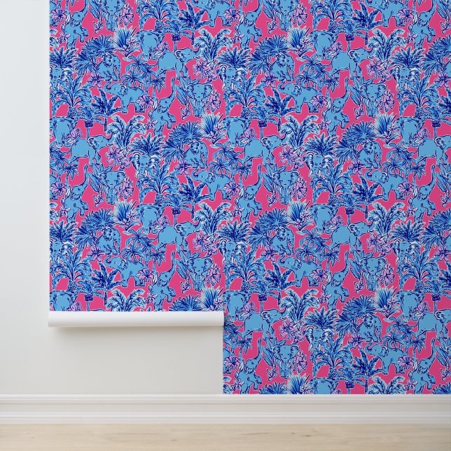 Preppy Palm Beach Pink & Blue Elefanten Tapete (Anwendung)
