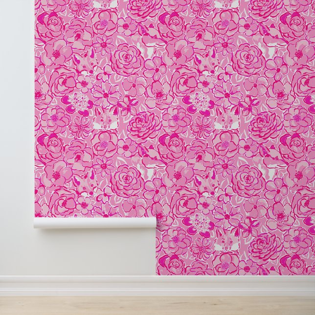 Preppy Palm Beach Pink Blume & Füchse Tapete (Anwendung)
