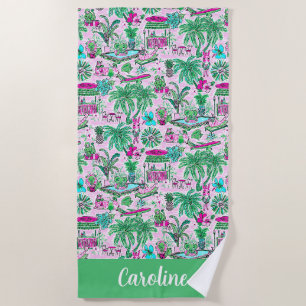 Preppy Palm Beach Pink & Green Animal Vacation Strandtuch