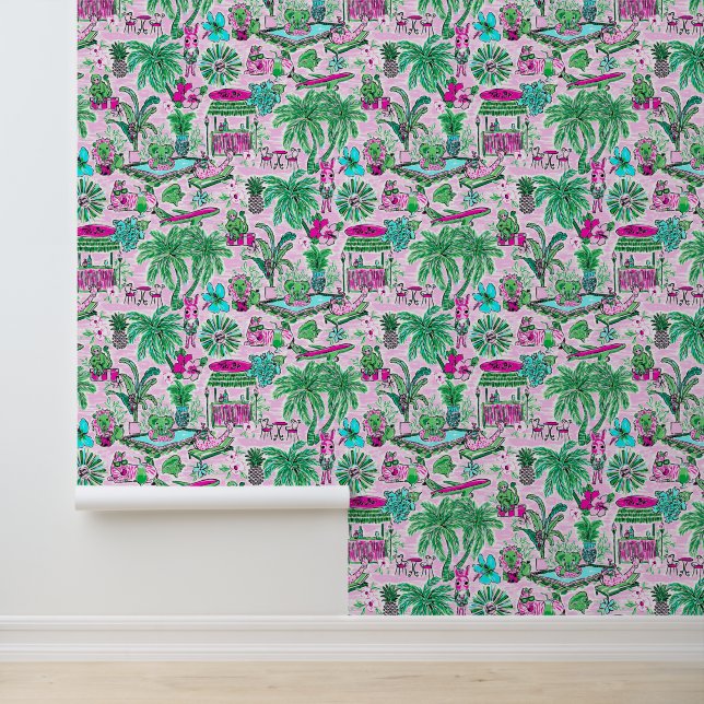 Preppy Palm Beach Pink & Green Animal Vacation Tapete (Anwendung)