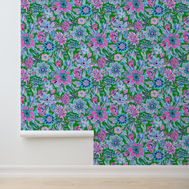 Preppy Palm Beach Pink & Green Blume Tapete (Anwendung)