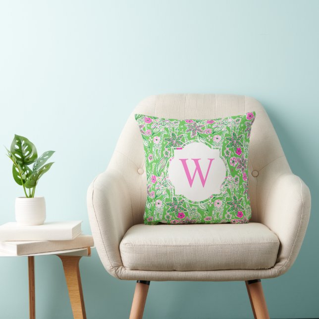 Preppy Palm Beach Pink & Green Giraffen Monogramm Kissen (Stuhl )