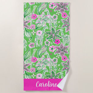 Preppy Palm Beach Pink Green Giraffen Personalisie Strandtuch