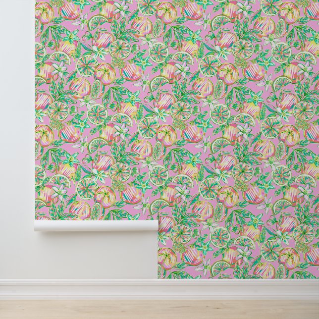 Preppy Palm Beach Pink & Green Orange Tapete (Anwendung)