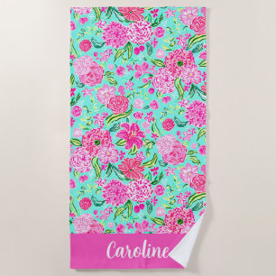 Preppy Palm Beach Pink Minze Blume Personalisiert Strandtuch