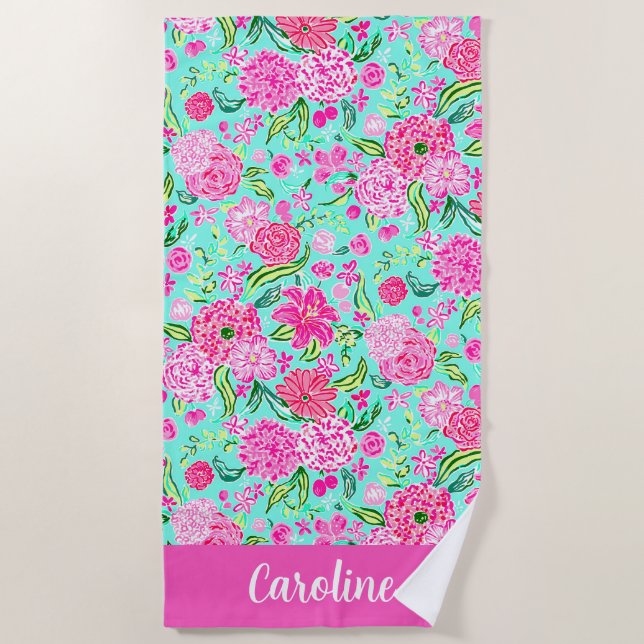 Preppy Palm Beach Pink Minze Blume Personalisiert Strandtuch (Vorderseite)