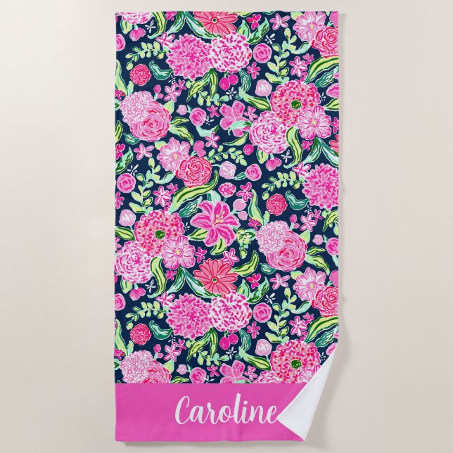 Preppy Palm Beach Pink & Navy Blume Personalisiert Strandtuch (Vorderseite)