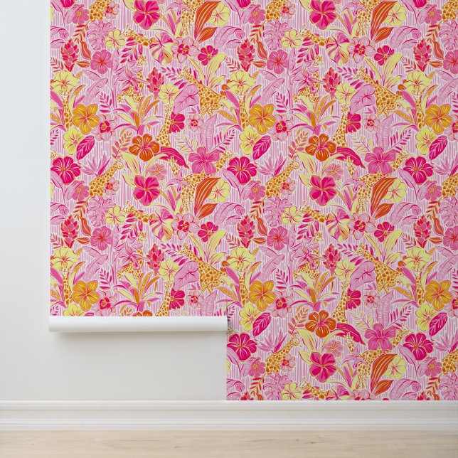 Preppy Palm Beach Pink & Orange Jungle Giraffen Tapete (Anwendung)