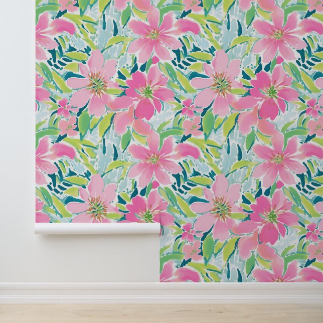 Preppy Palm Beach Pink und grüne tropische Blume Tapete (Anwendung)