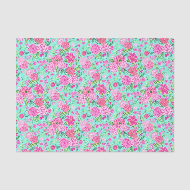Preppy Palm Beach Print Aquamarin mit rosa Blume Seidenpapier (Vorderseite)