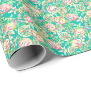Preppy Palm Beach Print Aquamarin und rosa Orange Geschenkpapier