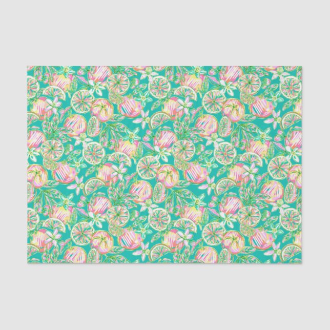 Preppy Palm Beach Print Aquamarin und rosa Orange Seidenpapier (Vorderseite)