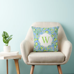 Preppy Palm Beach Print Blue Limes Monogram Kissen