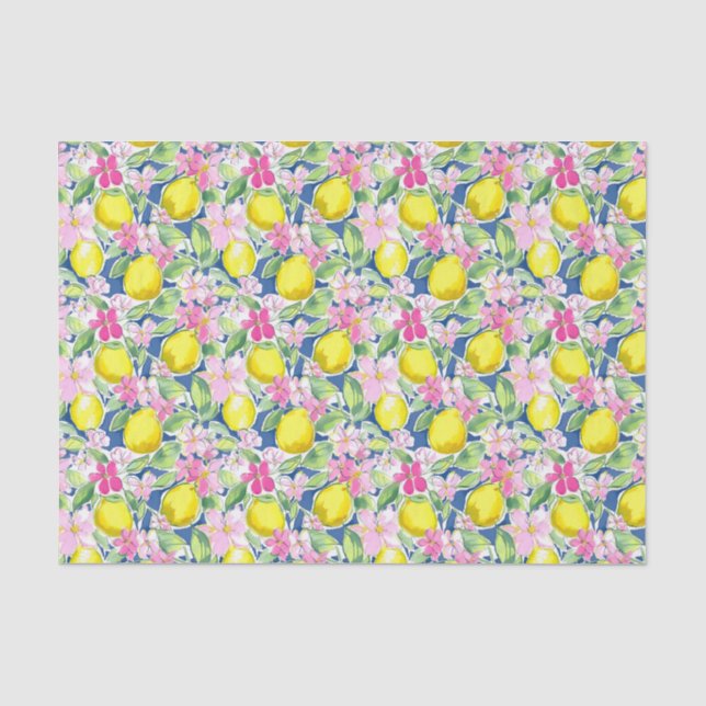 Preppy Palm Beach Print Blue und Yellow Lemons Seidenpapier (Vorderseite)