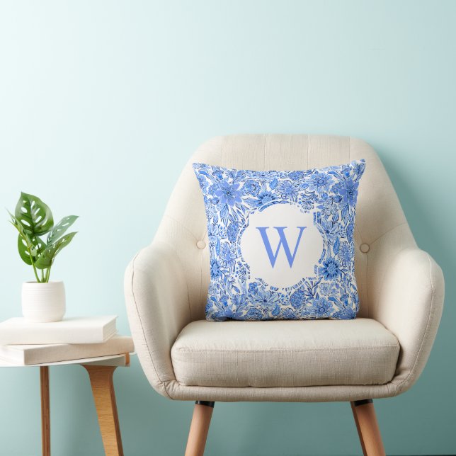 Preppy Palm Beach Print Blue White Floral Monogram Kissen (Stuhl )