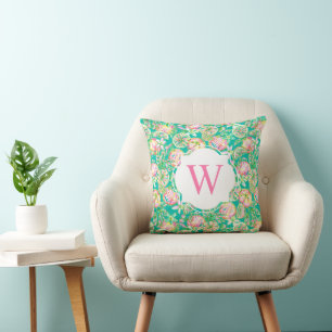 Preppy Palm Beach Print Green Orange Monogram Kissen