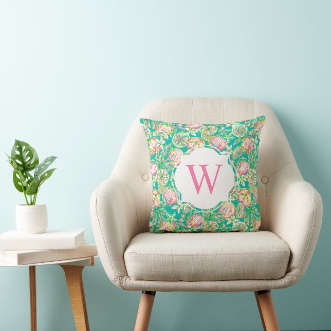 Preppy Palm Beach Print Green Orange Monogram Kissen (Stuhl )