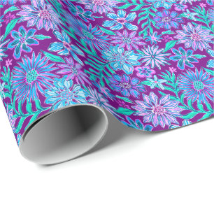 Preppy Palm Beach Print Lila & Blue Flowers Geschenkpapier