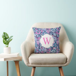 Preppy Palm Beach Print Navy Pink Blume Monogram Kissen