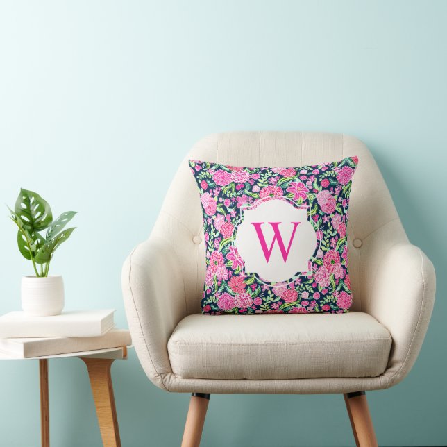 Preppy Palm Beach Print Navy Pink Floral Monogram Kissen (Stuhl )