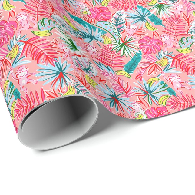 Preppy Palm Beach Print Palm Tree Affen Geschenkpapier (Rolleneckpunkt)