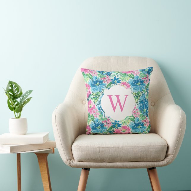 Preppy Palm Beach Print Pink Blue Floppy Monogram Kissen (Stuhl )