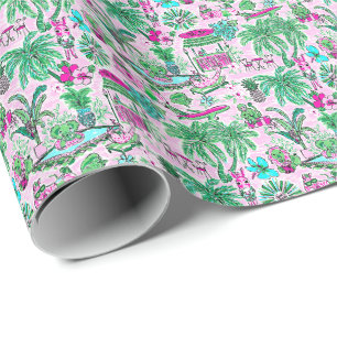 Preppy Palm Beach Print Pink & Green Animal Vacay Geschenkpapier
