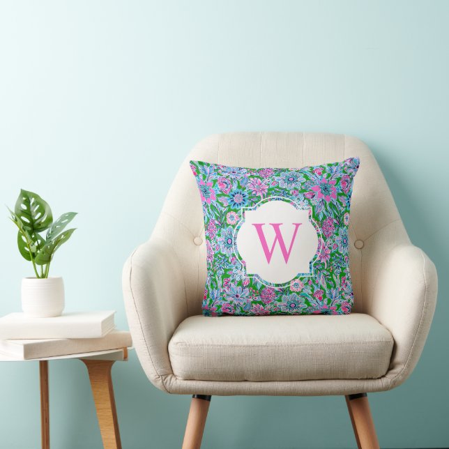 Preppy Palm Beach Print Pink Green Floral Monogram Kissen (Stuhl )